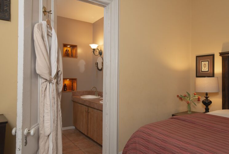 Cozy bedroom with bed, side table with lamp and vase of tulips, robe hanging on a doorway open to a bathroom