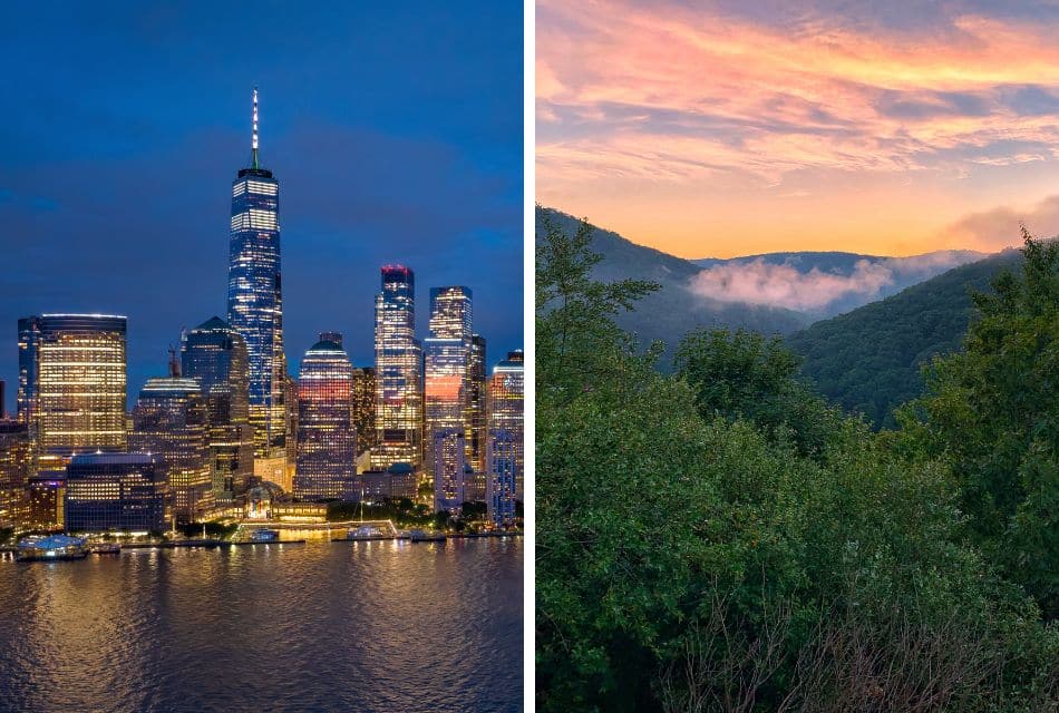 Two photos side by side: one of a city skyline and one of a forested valley with golden skies above