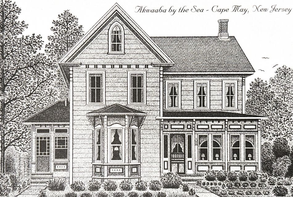 A black and white sketch of a large two story home surrounded by trees with bushes in the front yard